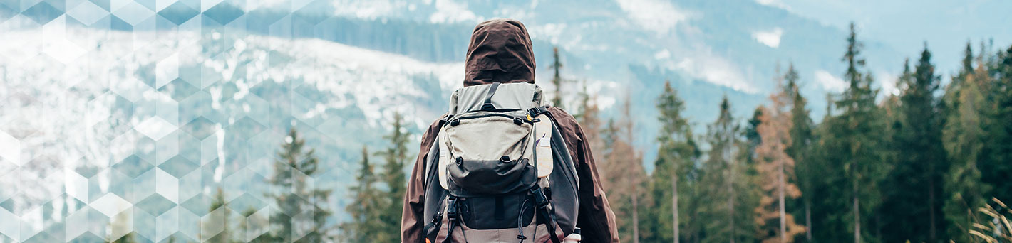 Camper looking at a mountain