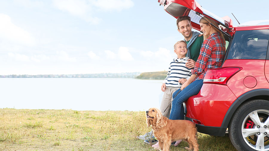 Family sitting on a car near the ocean